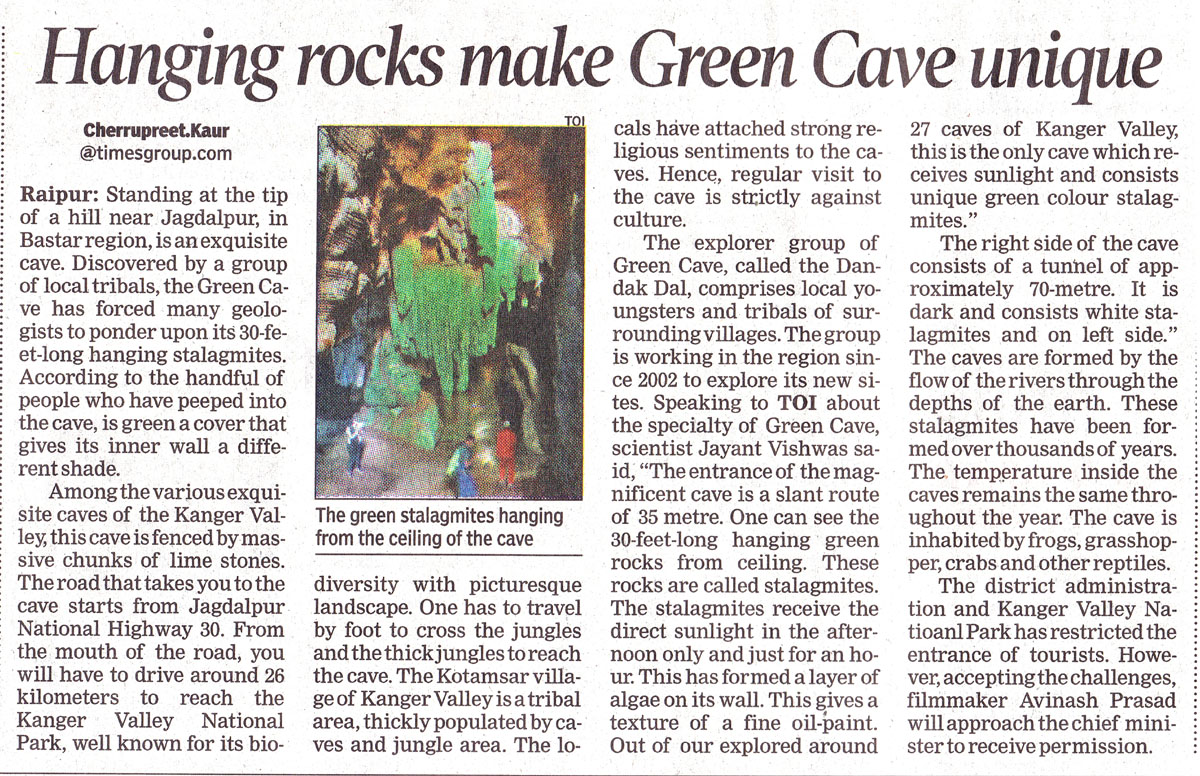 Hanging rocks make Green Cave unique (Times of India & Bhaskar News)